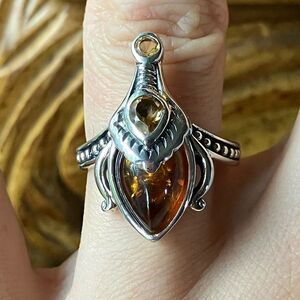 Genuine Amber Citrine Sterling Silver Ring Size 7